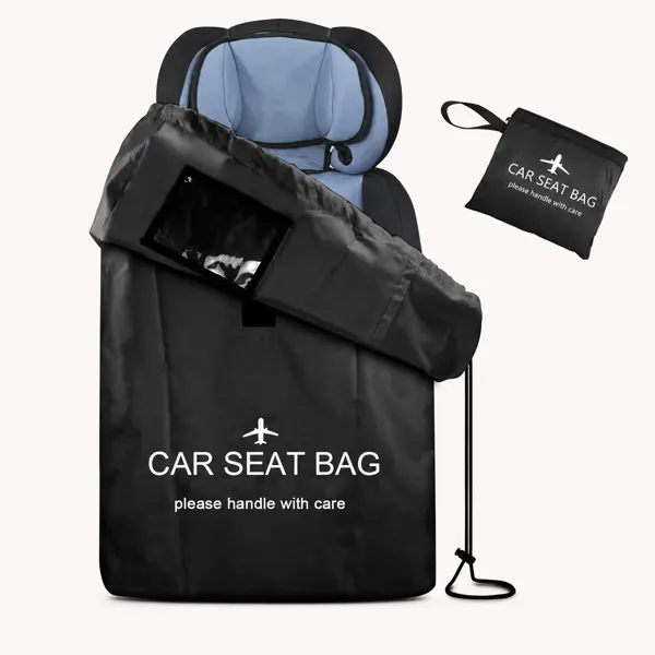 All-black SeatPorter travel bag open with a car seat inside, zip pouch beside it
