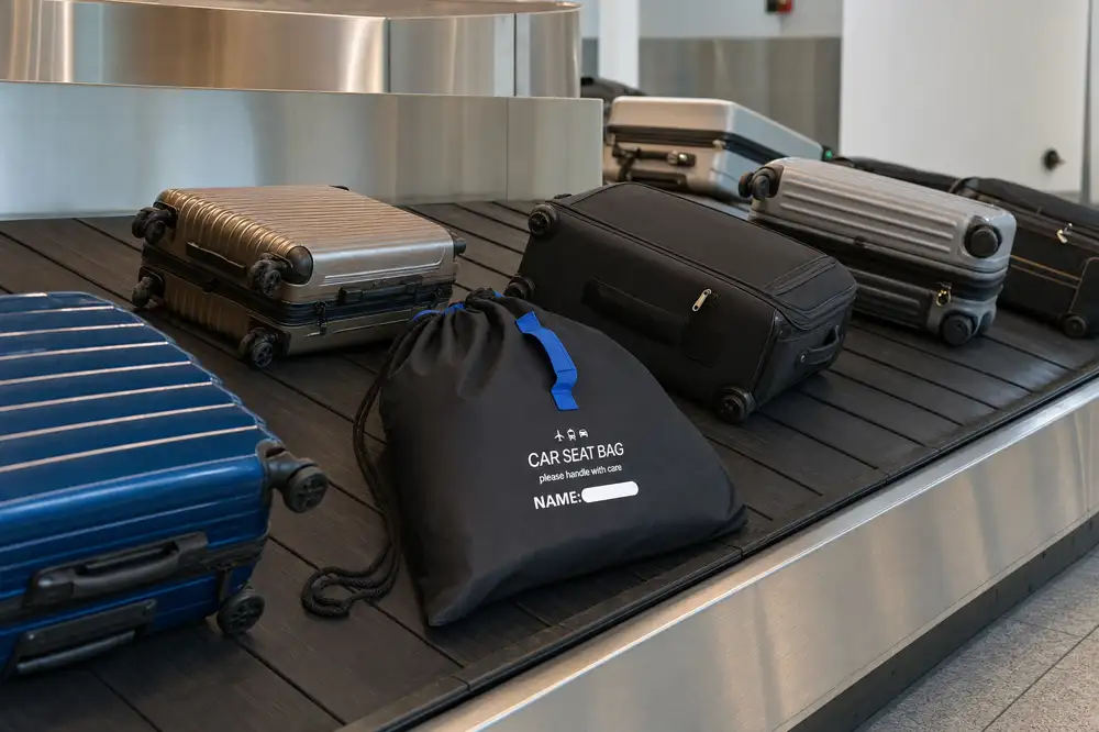 Car seat travel bag on the baggage carousel