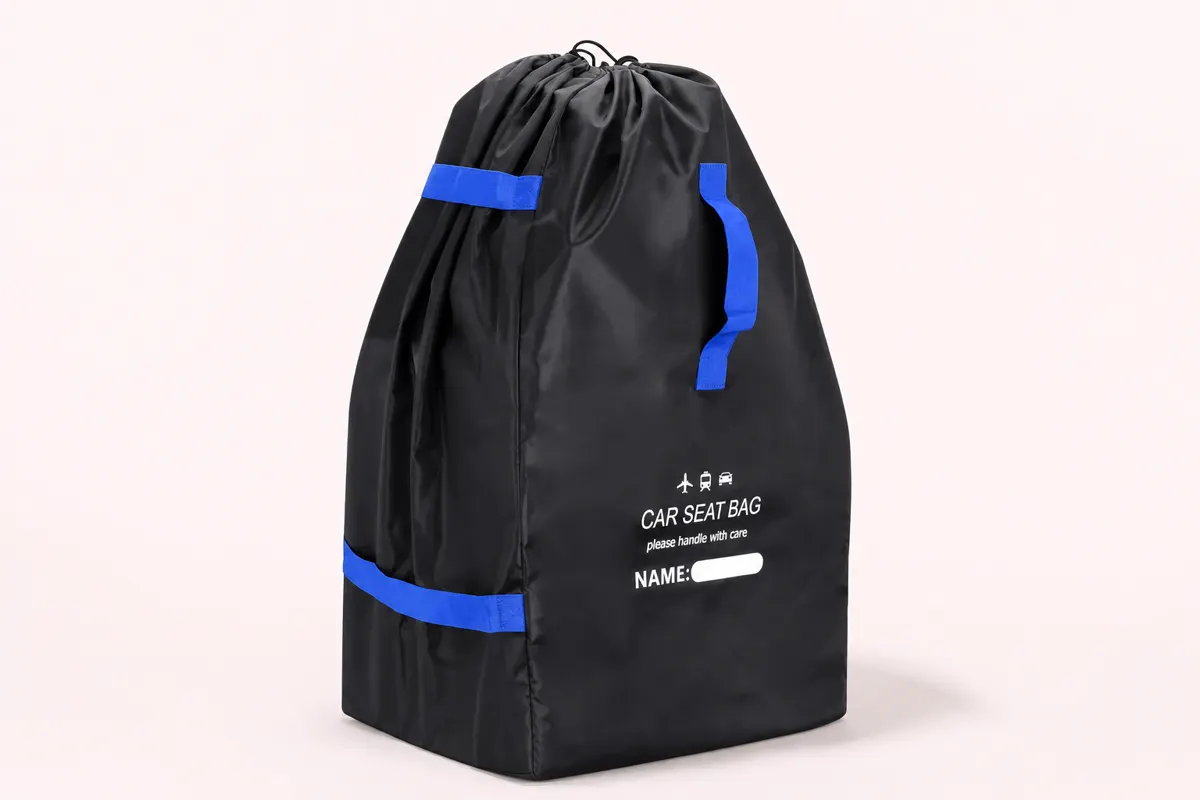 SeatPorter car seat travel bag in black with blue trim