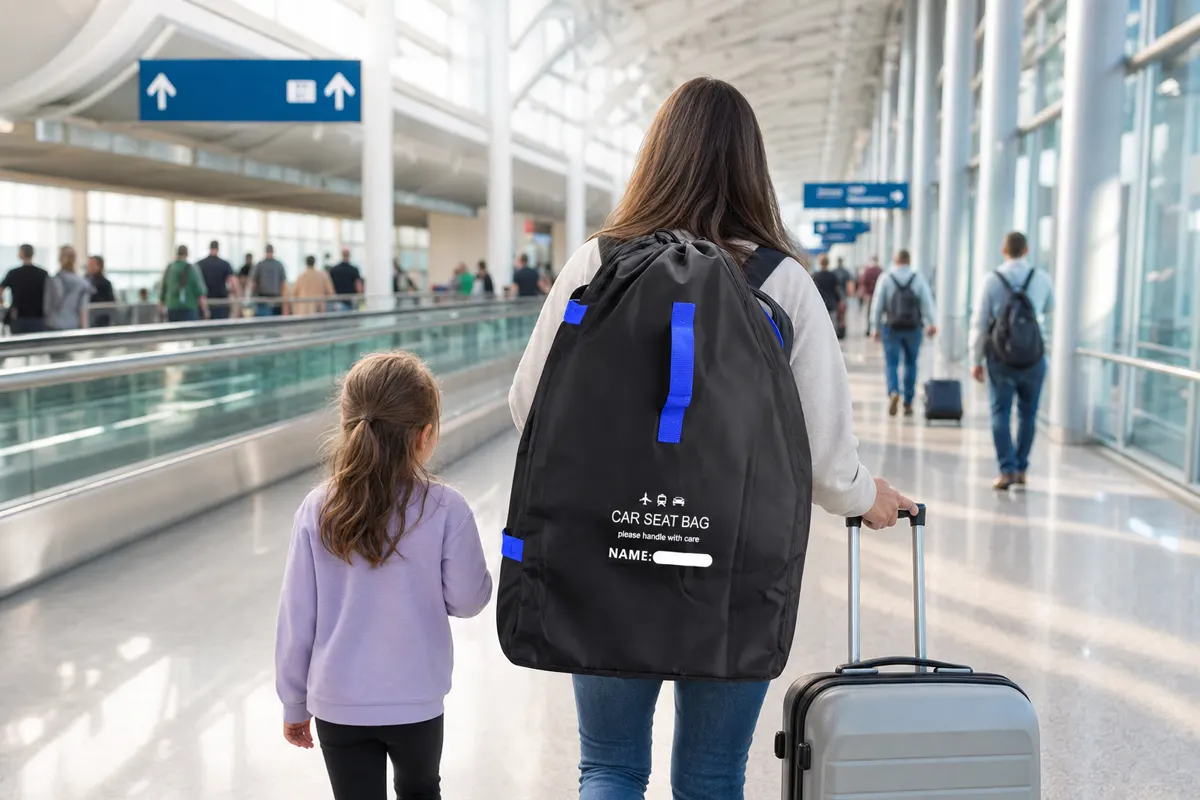 A SeatPorter car seat travel bag on the way to the gate