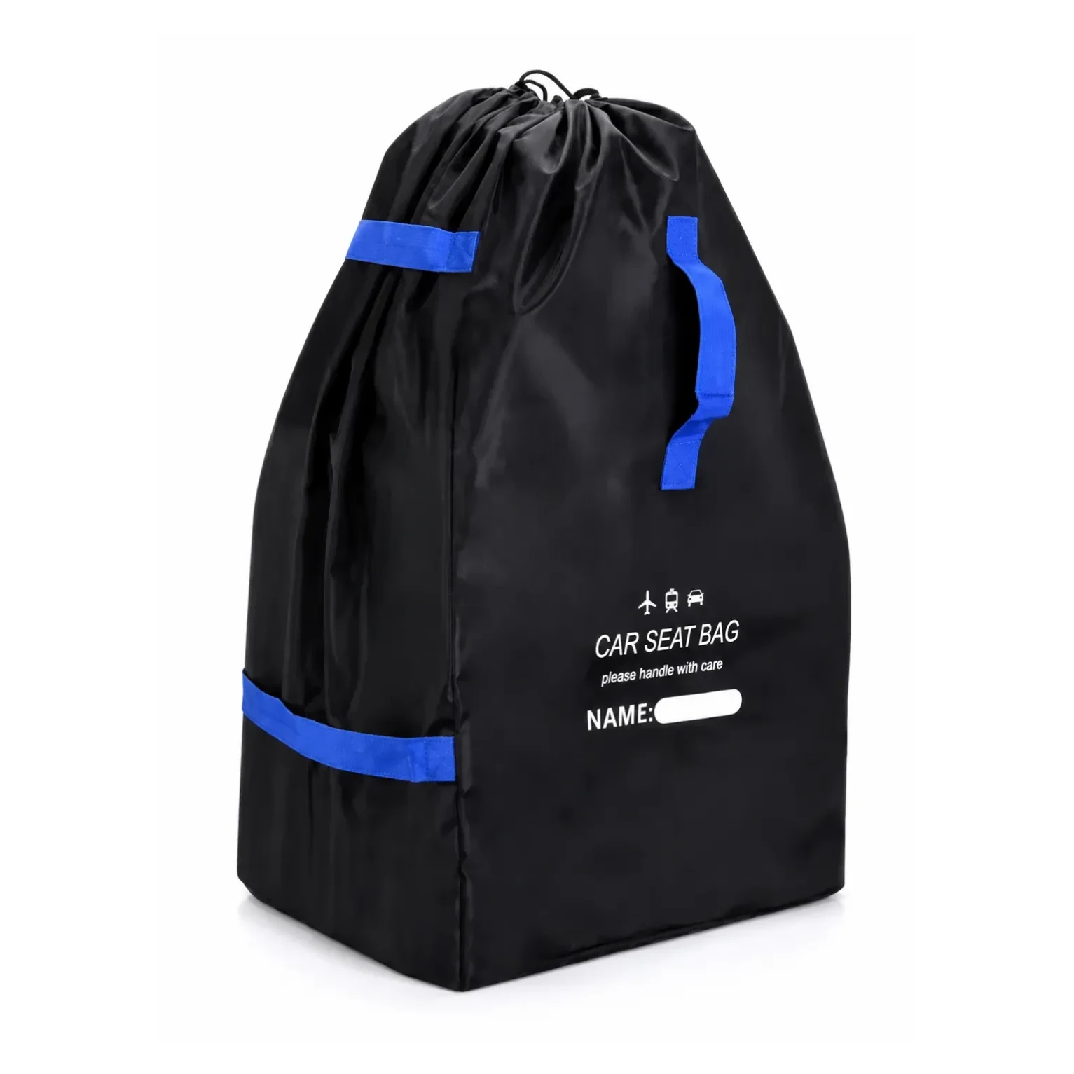 SeatPorter car seat travel bag standing upright, black with blue straps, side carry handle and NAME window