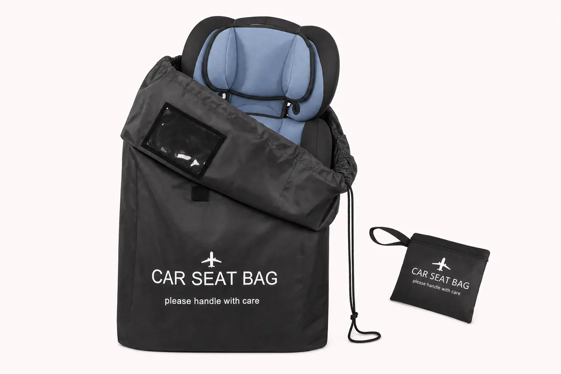 Car seat halfway into the open SeatPorter travel bag