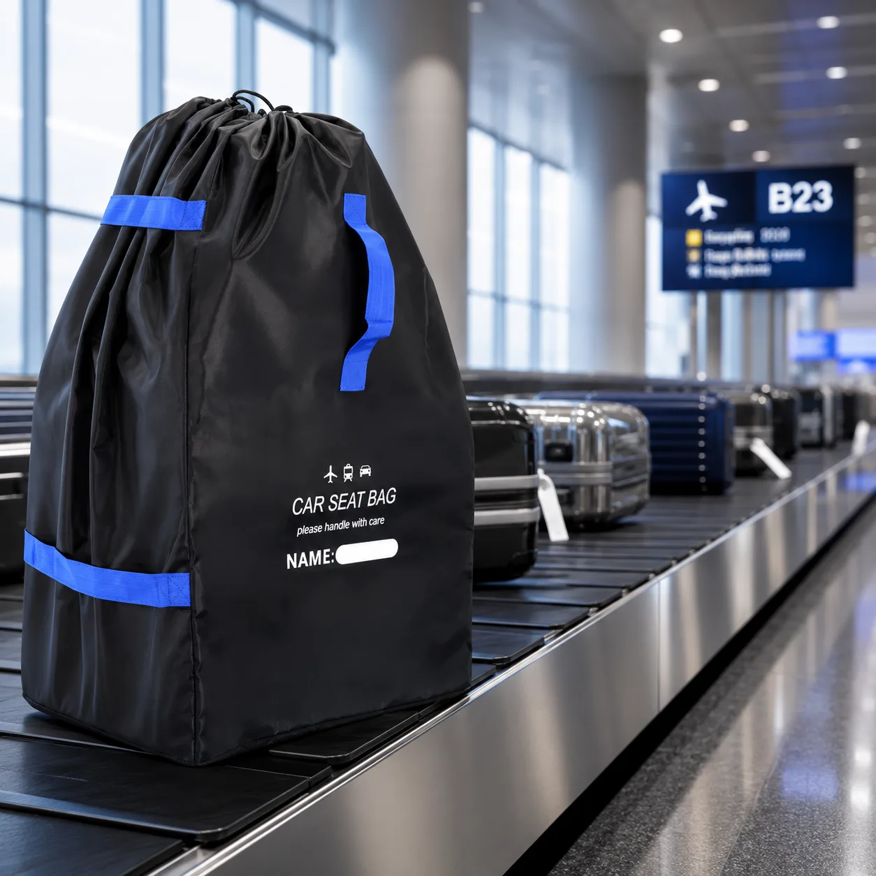 Packed black car seat travel bag with blue straps and a NAME window riding an airport baggage belt among hard-shell suitcases