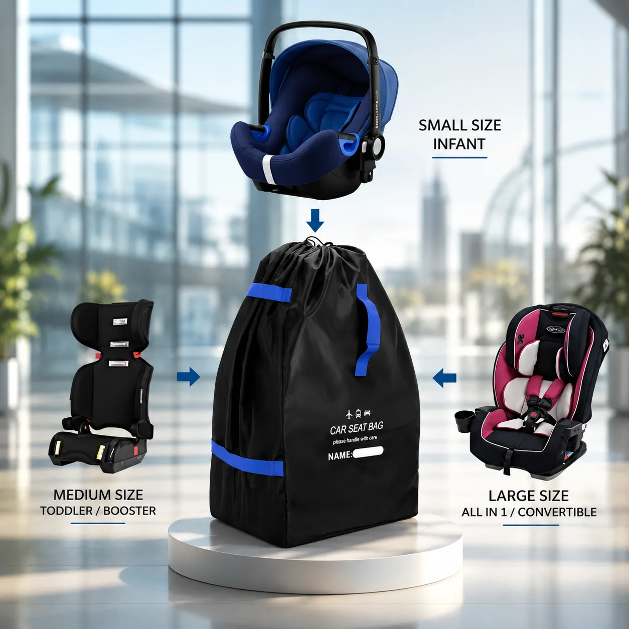 Diagram of the black travel bag with blue straps standing on a pedestal, with arrows pointing to it from three car seat categories it holds: a small infant carrier, a backless toddler booster, and a large convertible seat