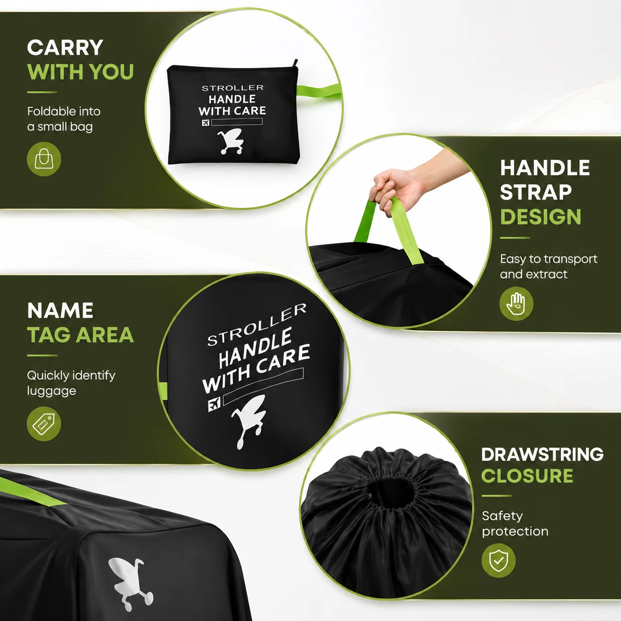Four-panel feature layout of the black stroller bag: folded flat into a small zippered pouch with a green strap, a hand lifting the bag by its two green handle straps, the printed name tag panel, and the cinched drawstring opening