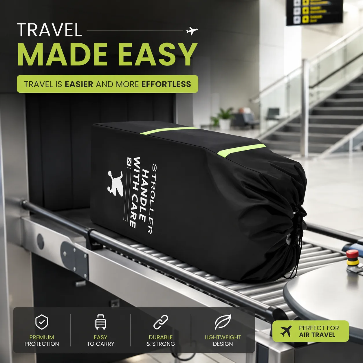 Black stroller travel bag with bright green reflective bands and a cinched drawstring closure moving along an airport baggage conveyor