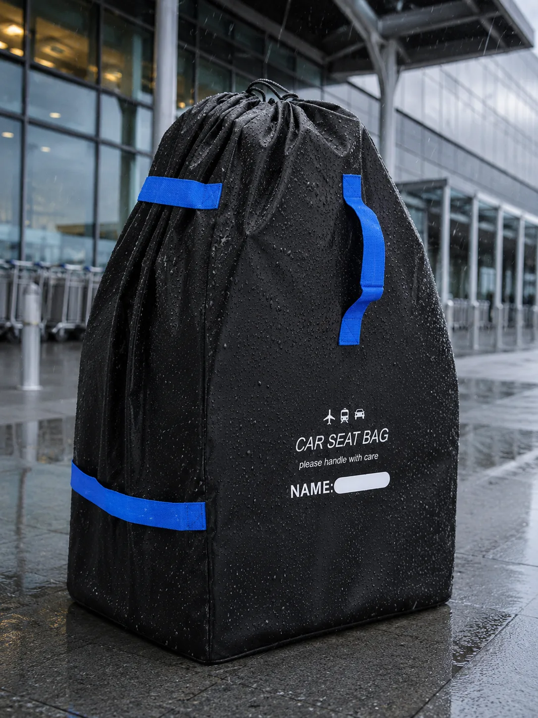 Packed black car seat travel bag with blue straps standing on wet paving outside a glass terminal entrance in the rain, rows of airport luggage carts racked behind it