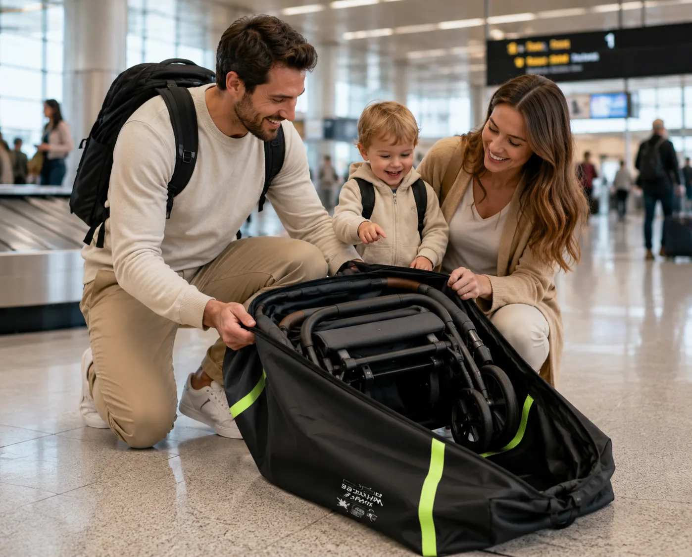 Family kneeling in an airport baggage hall, opening the black stroller travel bag with green reflective bands to reveal the folded stroller inside