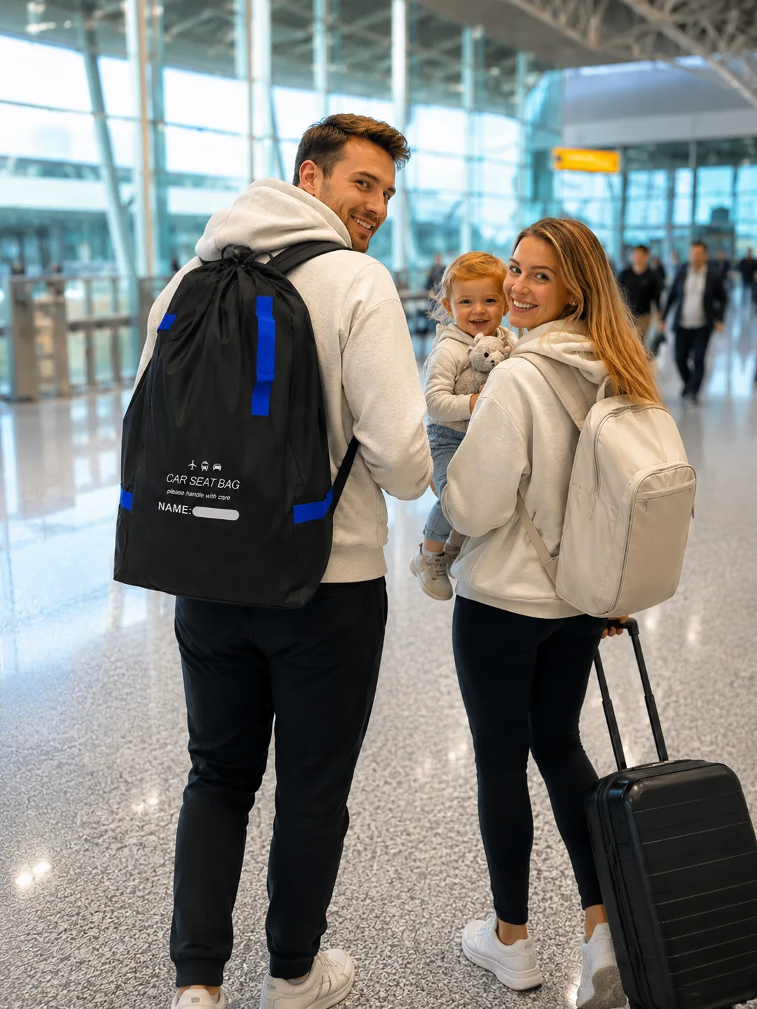 Dad walking through an airport terminal with the black car seat travel bag slung over one shoulder on his back while mom carries their toddler and pulls a suitcase