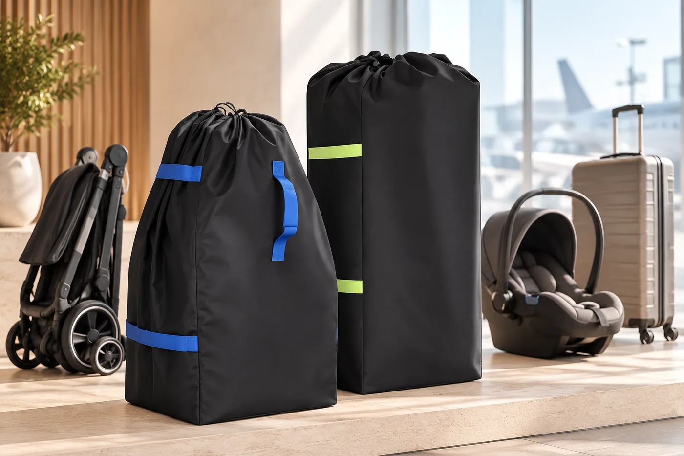 The car seat bag with blue straps standing beside the taller stroller bag with green straps, next to a folded stroller, an infant carrier and a suitcase at an airport window